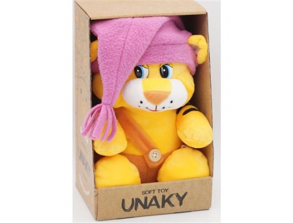 Мягкая игрушка в маленькой подарочной коробке Тигрёнок Кексик, 20/26 см, в кирпичном шарфе и розовом колпаке с кисточкой, 0864420-26-40K